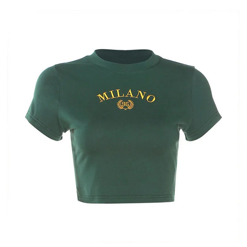 Milano 96 Embroidered Baby Tee - Dark Green