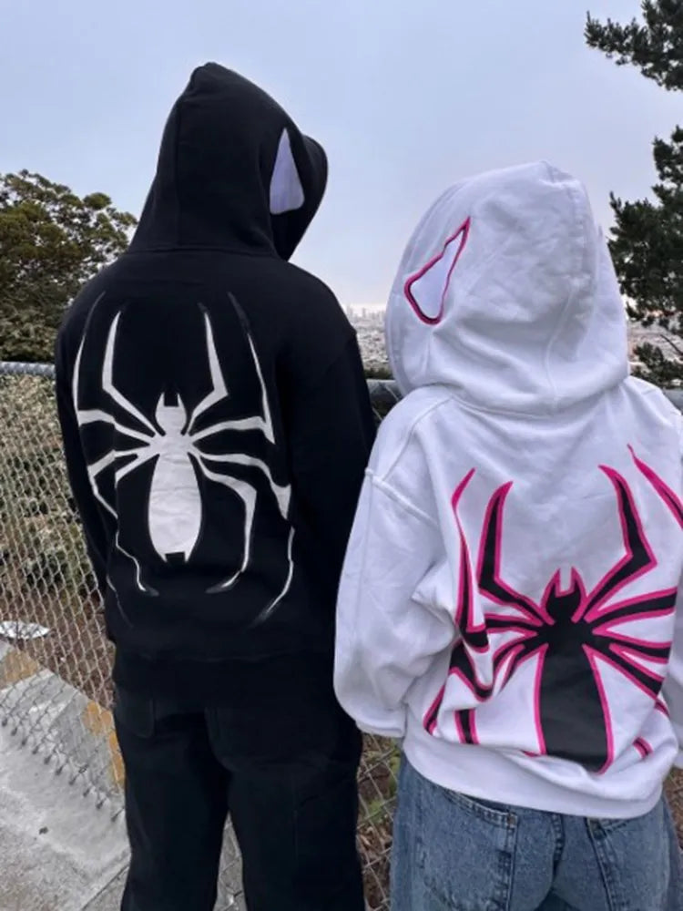 Y2k Spider Print Zip-Up Hoodie - Bold & Stylish